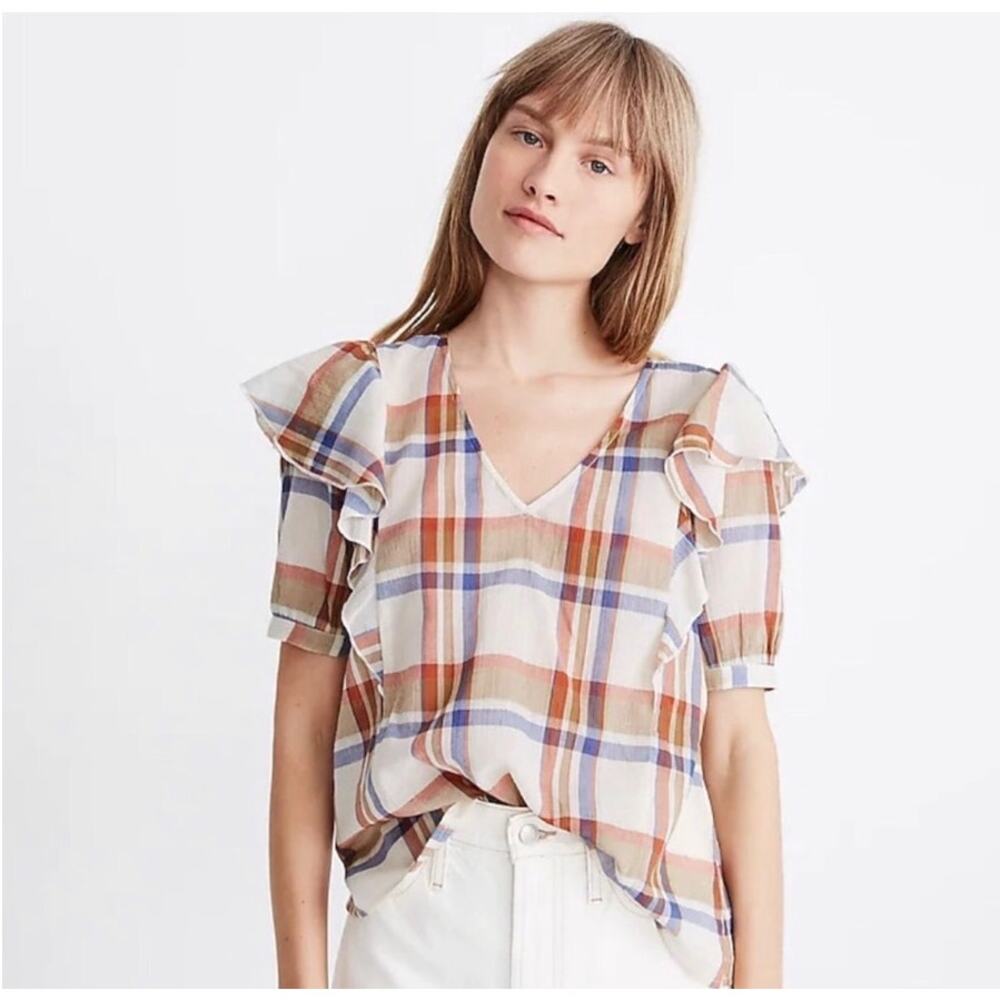 Madewell V Neck Shoulder Ruffle Top Blouse Shady Plaid Rusted Tin Small EUC
